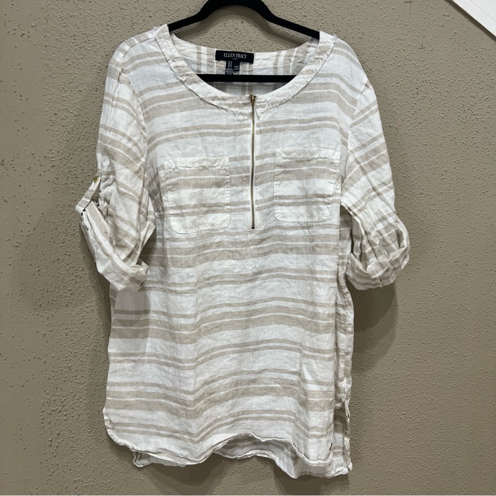 Ellen Tracy White & Tan Striped Women's 100% Linen 3/4 Sleeve Blouse Shirt; 1X